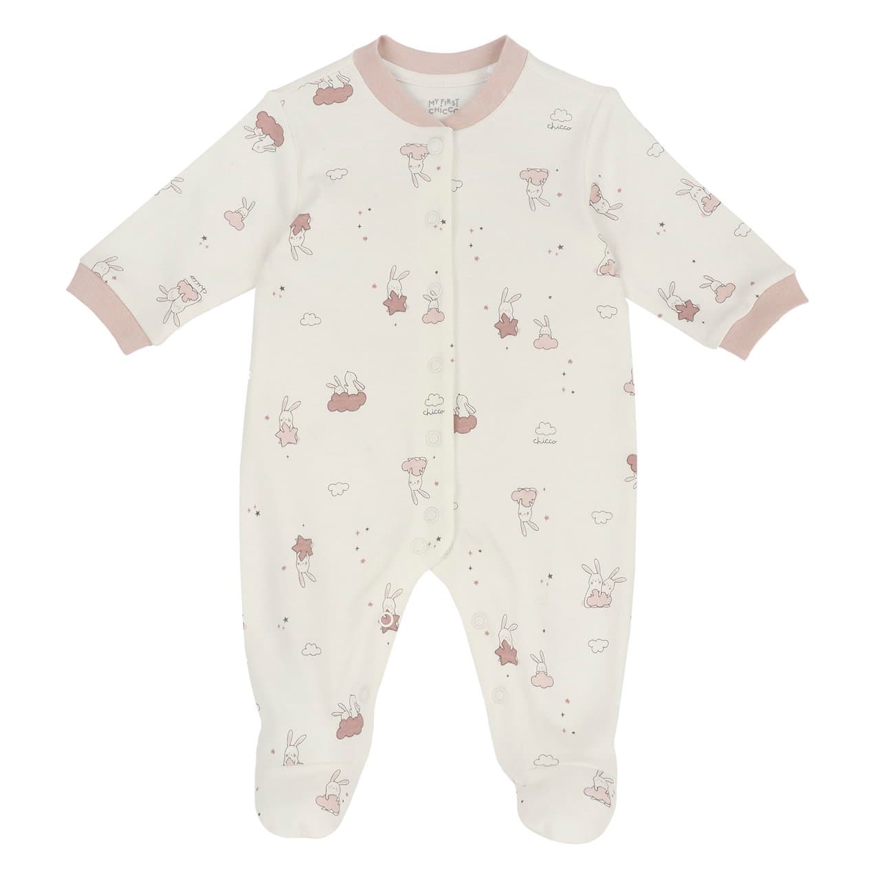 Tutina aperta davanti Chicco per bambina in interlock bianco con stampa fantasia, ideale per autunno/inverno, con bottoni automatici e stampa antiscivolo sotto i piedini dai 12 mesi. | Chicco