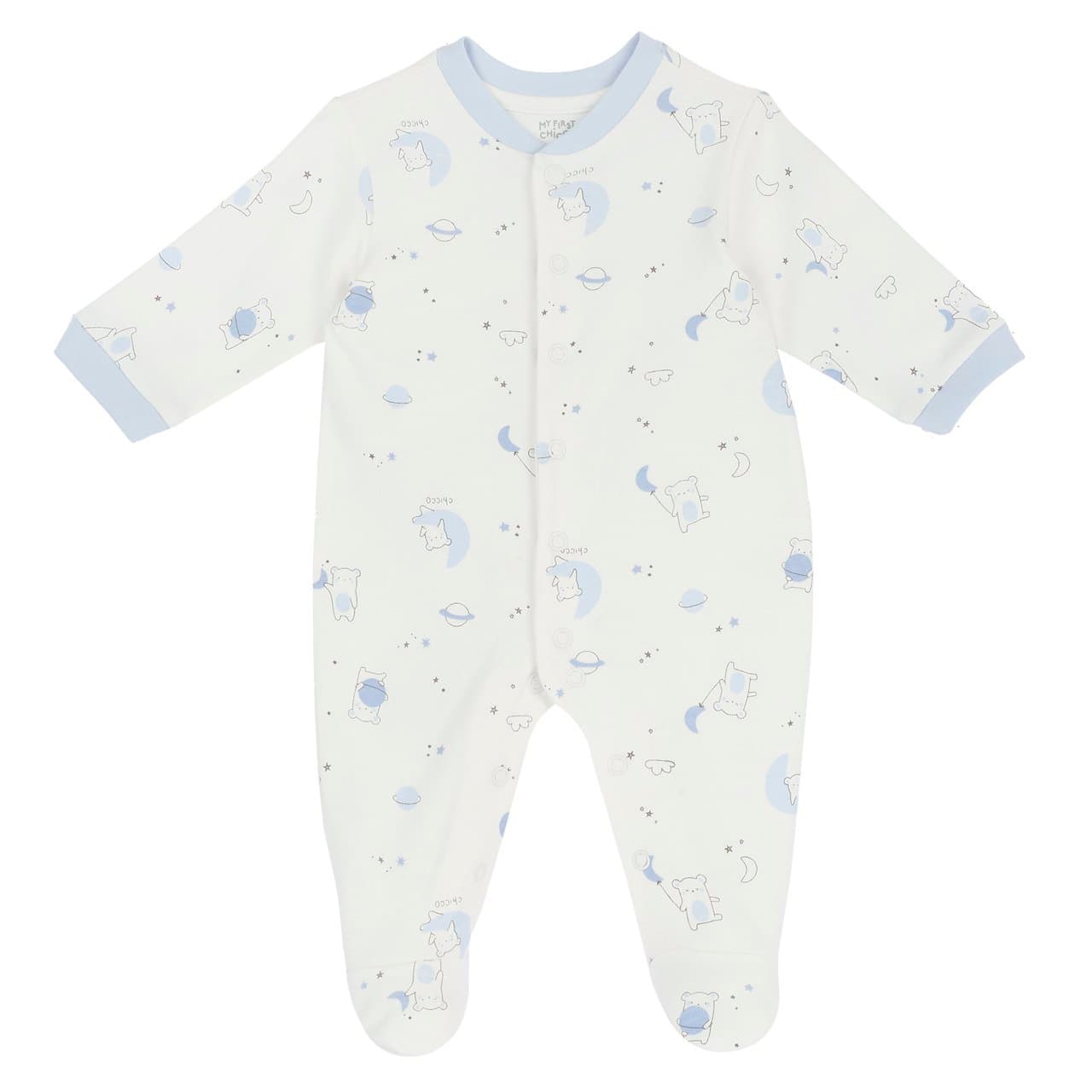 Tutina aperta davanti Chicco per bambina in interlock bianco con stampa fantasia, ideale per autunno/inverno, con bottoni automatici e stampa antiscivolo sotto i piedini dai 12 mesi. | Chicco
