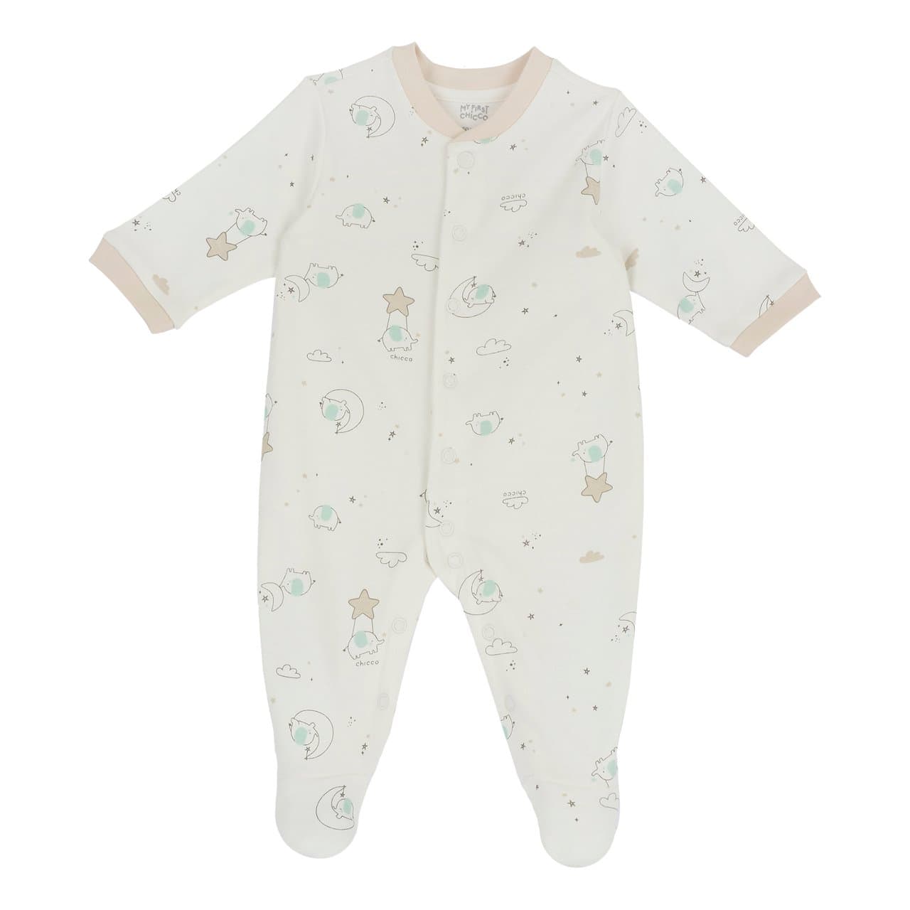 Tutina aperta davanti Chicco per bambina in interlock bianco con stampa fantasia, ideale per autunno/inverno, con bottoni automatici e stampa antiscivolo sotto i piedini dai 12 mesi. | Chicco