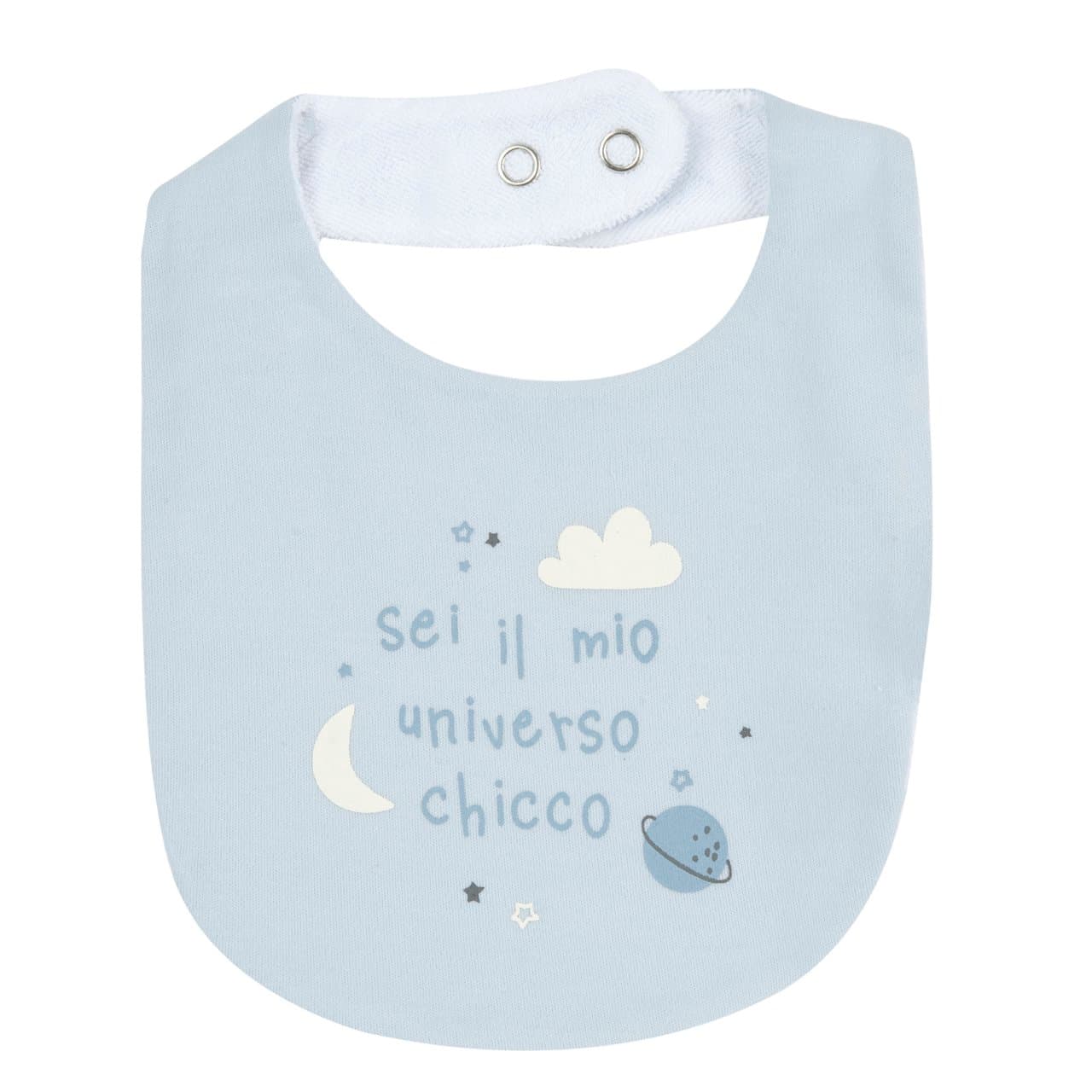 Bavaglino Chicco rosa stampato per bambina, in tessuto interlock con retro in spugna, ideale per autunno/inverno, con chiusura automatica regolabile. | Chicco