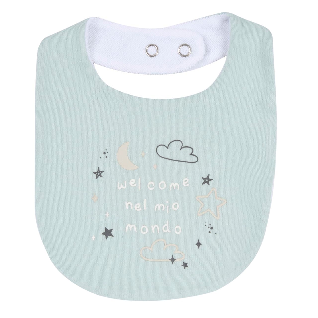 Bavaglino Chicco rosa stampato per bambina, in tessuto interlock con retro in spugna, ideale per autunno/inverno, con chiusura automatica regolabile. | Chicco