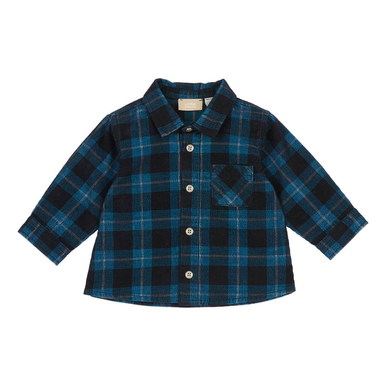 Camicia a manica lunga Chicco in velluto a coste blu a quadri, con colletto classico e bottoni automatici effetto madreperla. | Chicco
