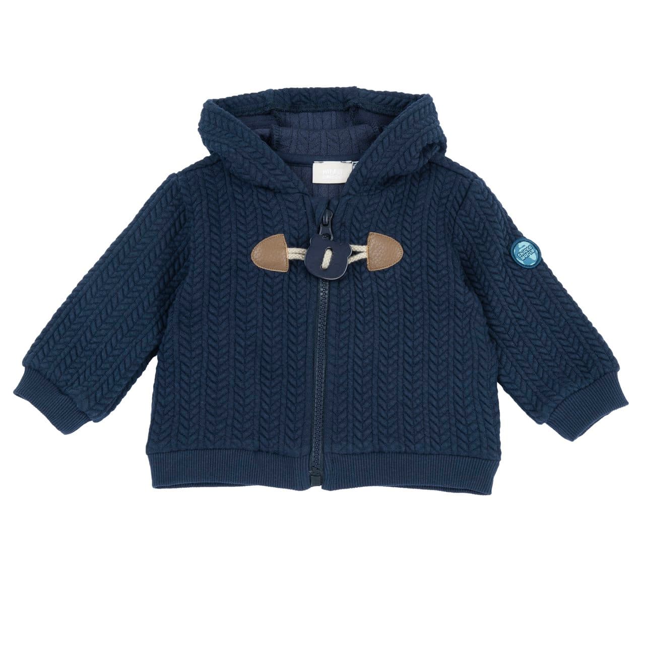 Cardigan blu Chicco per bambino con cappuccio, zip e alamari a forma di orso, realizzato in jersey jacquard trapuntato effetto spiga. | Chicco