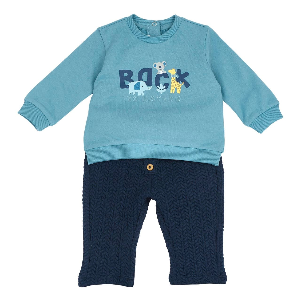 Completo felpa e pantaloni Chicco blu per bambino, con stampa frontale e pantaloni jacquard effetto spiga. | Chicco