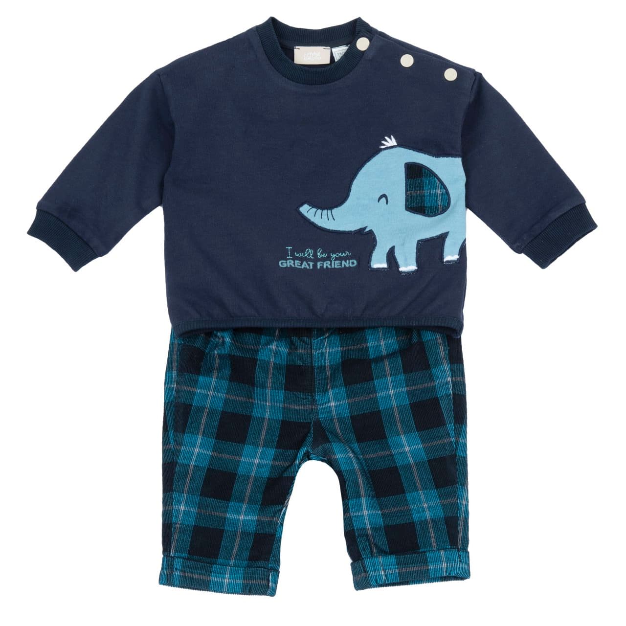 Completo felpa e pantaloni Chicco blu per bambino, con ricamo elefante e pantaloni in velluto a coste foderati in cotone. | Chicco