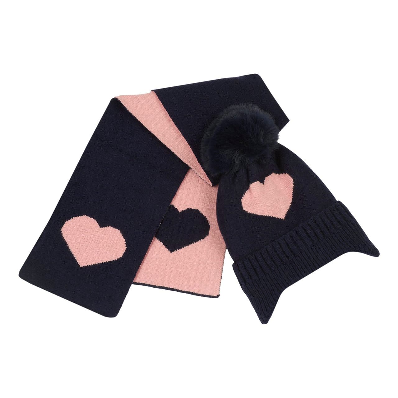 Set cappello con sciarpa Chicco blu per bambina in maglia misto lana con pompon e motivo a cuori jacquard, ideale per l'autunno/inverno. | Chicco