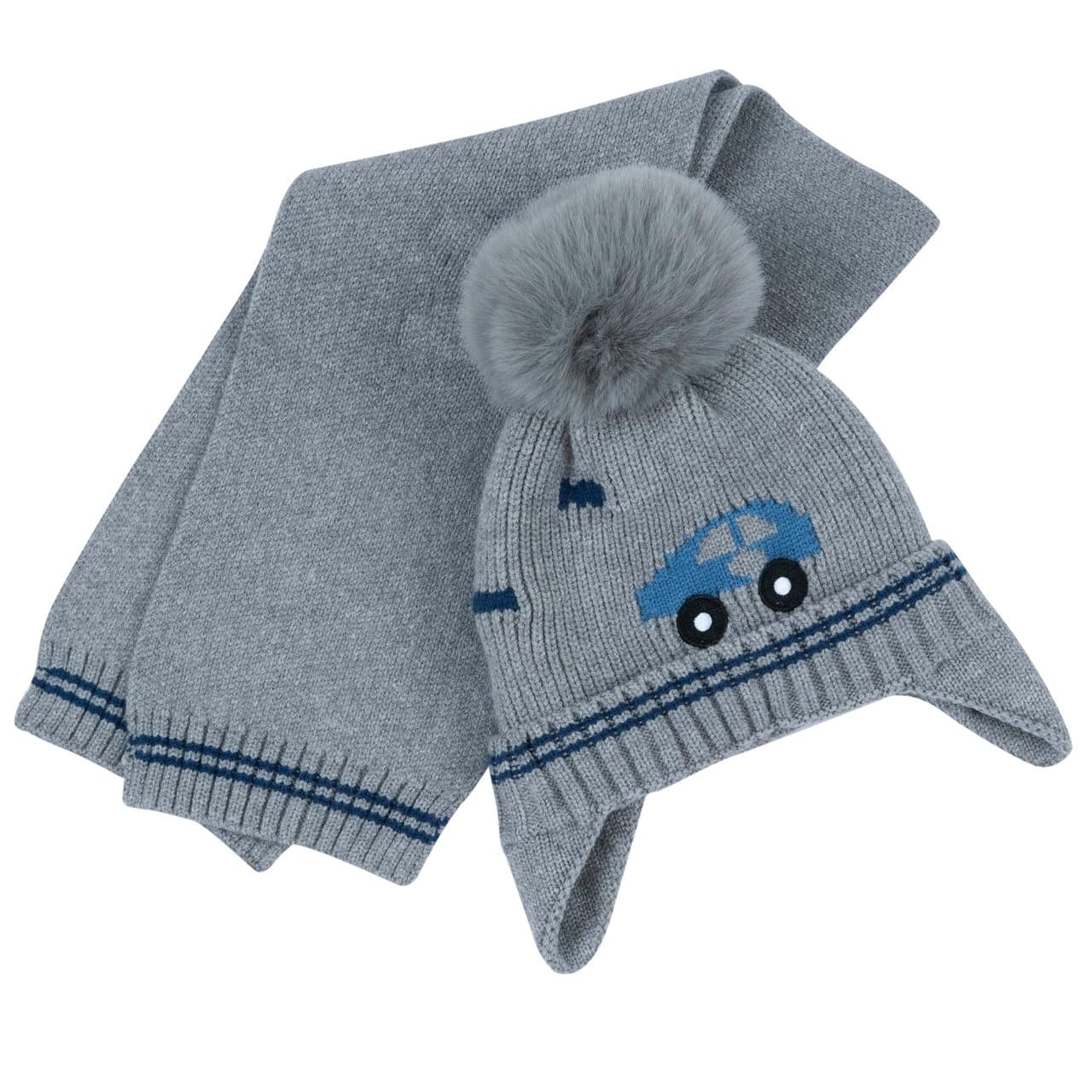 Set cappello con sciarpa Chicco blu per bambina in maglia misto lana con pompon e motivo a cuori jacquard, ideale per l'autunno/inverno. | Chicco