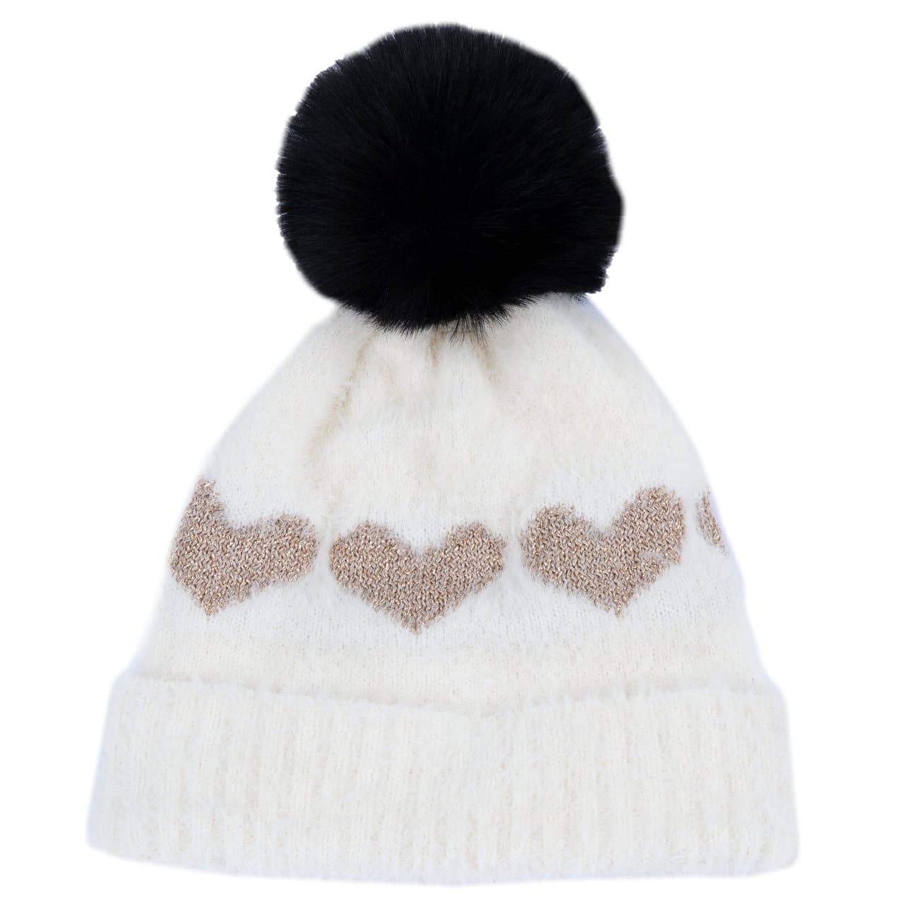 Cappello in maglia Chicco bianco per bambina, con risvolto a coste, pompon nero e disegno centrale a cuori luminosi, ideale per l'autunno/inverno. | Chicco