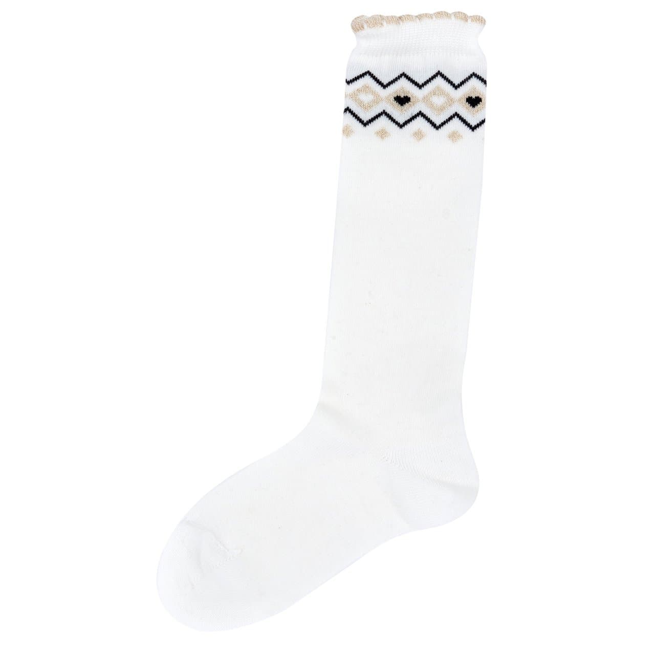 Calzini lunghi da bambina Chicco bianchi in misto cotone, modello a gambaletto con motivo jacquard e filato luminoso, bordo smerlato brillante. | Chicco