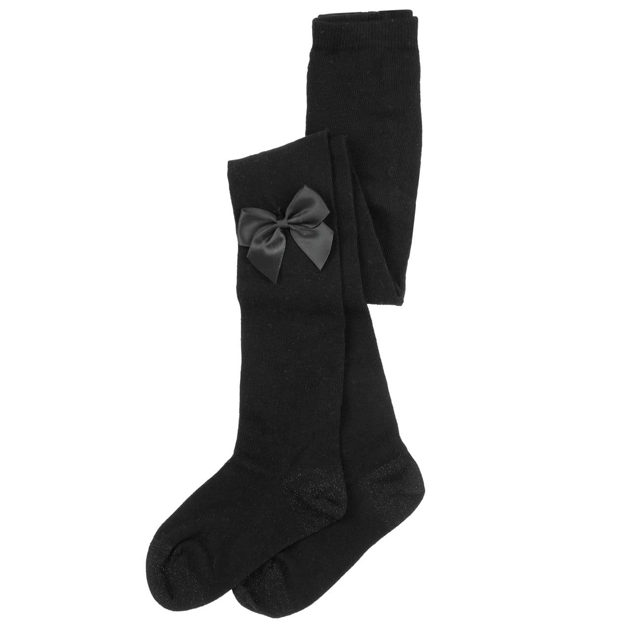 Collant neri da bambina Chicco in maglia rasata di misto cotone, con fiocco laterale in raso nero, ideali per autunno/inverno. | Chicco