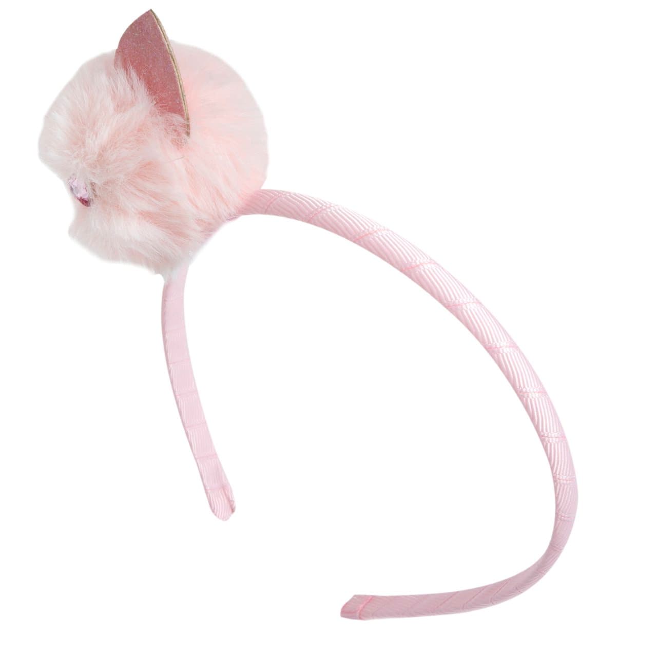 Cerchietto Chicco per bambina in tessuto rosa con pompon a forma di gatto e nasino decorato con pietra brillante a cuore, ideale per occasioni speciali. | Chicco