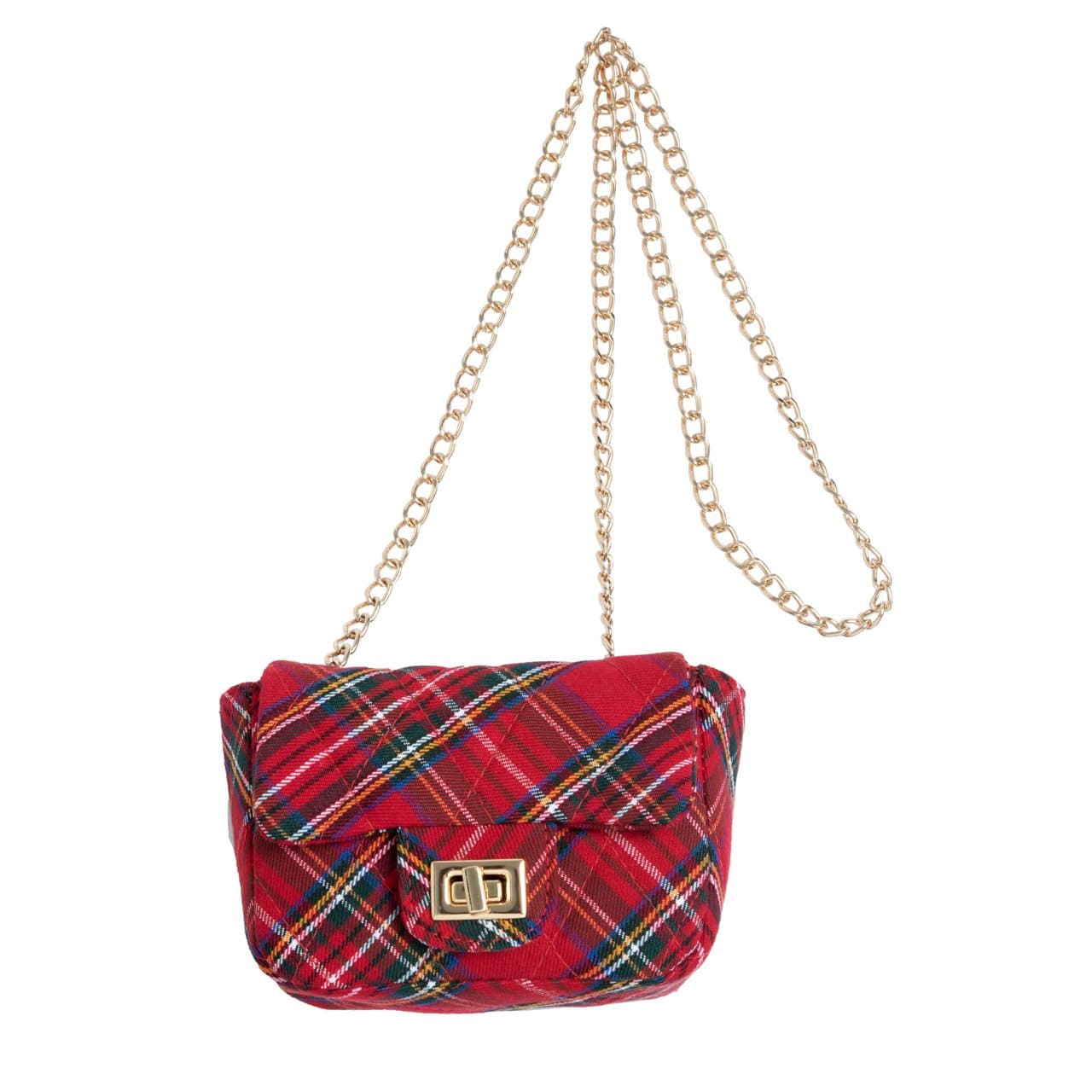 Borsa rettangolare Chicco rossa in tessuto scozzese con chiusura a bottone e tracolla in metallo, ideale per bambina. | Chicco
