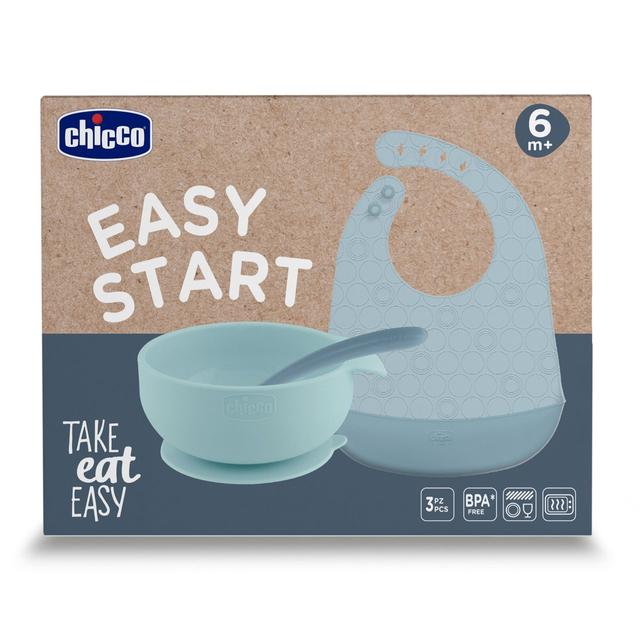 Easy Start - Set Di Svezzamento In Silicone | Chicco Set svezzamento in silicone blu Easy Start Chicco con ciotola ventosa, bavaglino e cucchiaio morbido, ideale per neonati. | Chicco