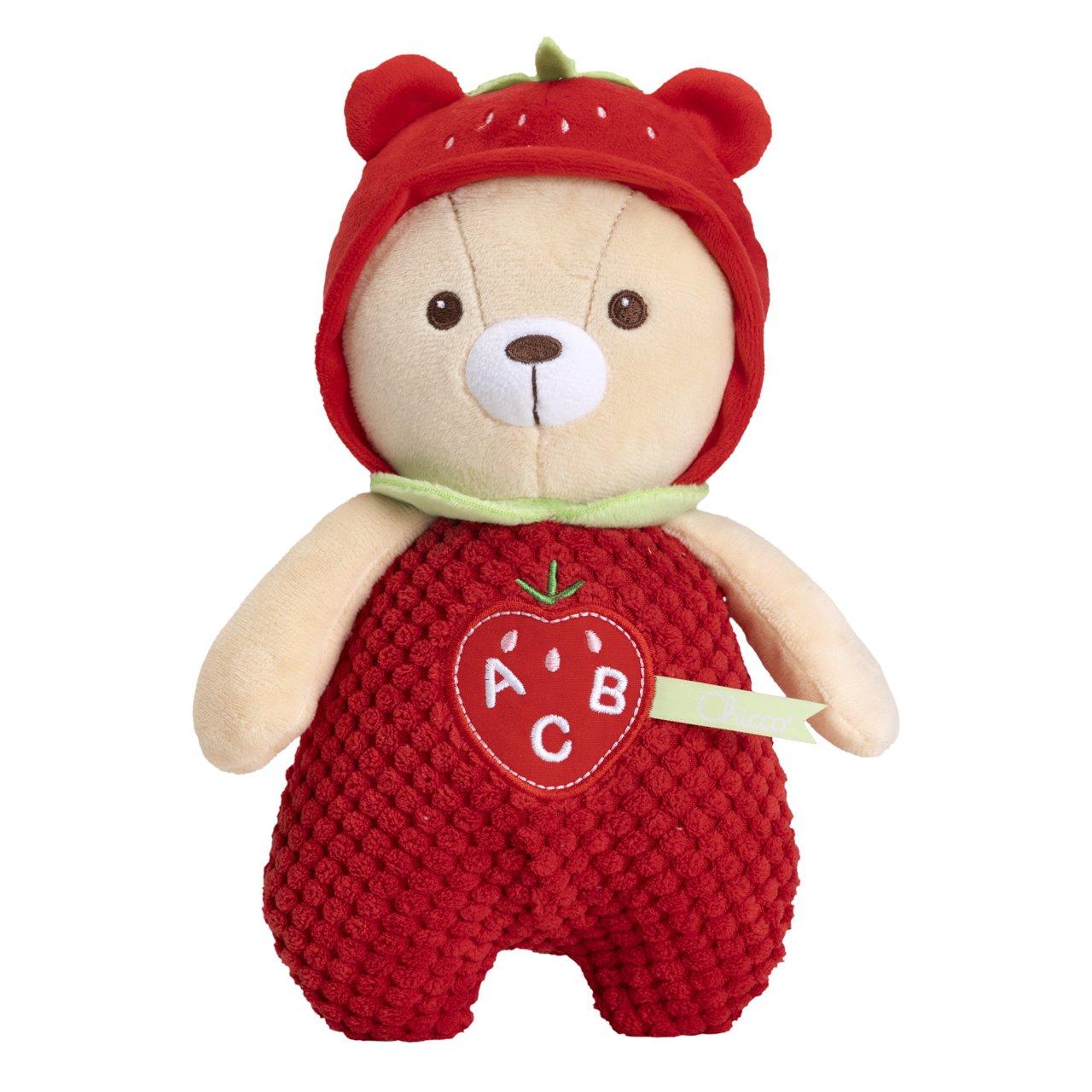 Orsetto Fragolino Trilingue | Chicco Orsetto Fragolino trilingue Chicco rosso con cappellino a fragola, peluche educativo unisex per imparare numeri e colori in italiano, inglese e spagnolo. | Chicco