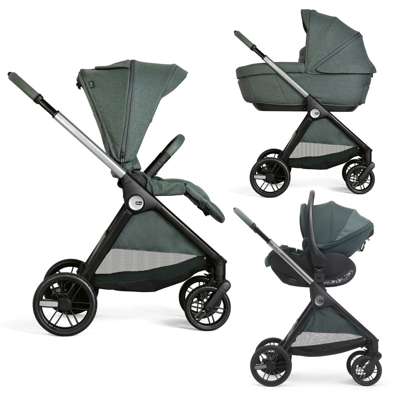 Trio Bellagio 2 Gran Comfort Con First Seat Recline | Chicco Passeggino Trio Bellagio 2 Gran Comfort Chicco marrone con seduta reversibile e reclinabile, navicella spaziosa e ovetto First-Seat Recline i-Size. | Chicco