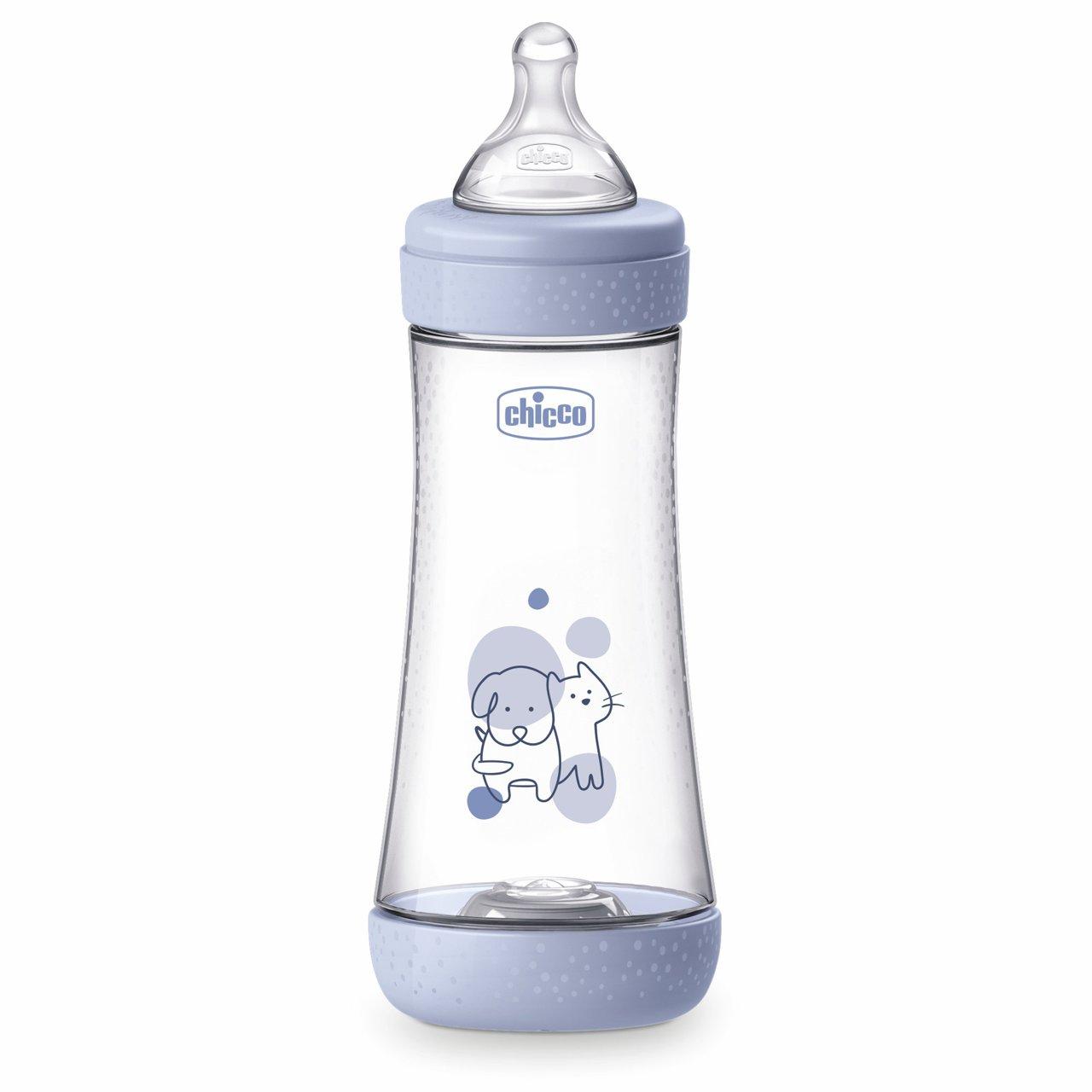 Biberon Perfect 5 Flusso Rapido (300 Ml) | Chicco Biberon Chicco PERFECT 5 azzurro da 300 ml con tettarella Physio in silicone Soft Sense e Equilibrium Membrane per flusso rapido e anti-coliche. | Chicco