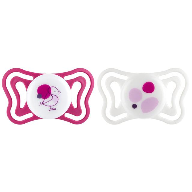 Succhietto Physioforma® Light 6-16m 2 Pz | Chicco Succhietto PhysioForma Light rosa da 6-16 mesi Chicco, modello anatomico ultra leggero in silicone con finitura Soft Sense per neonati. | Chicco