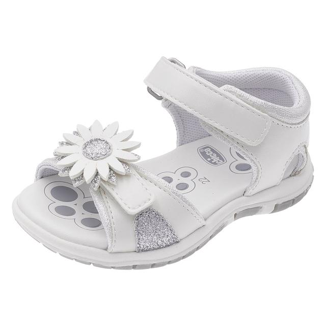 Sandalo Bambina Flaviana | Chicco Sandalo bambina Flaviana bianco con dettagli glitter argento e fiore decorativo, chiusura a doppio strappo regolabile e suola flessibile. | Chicco