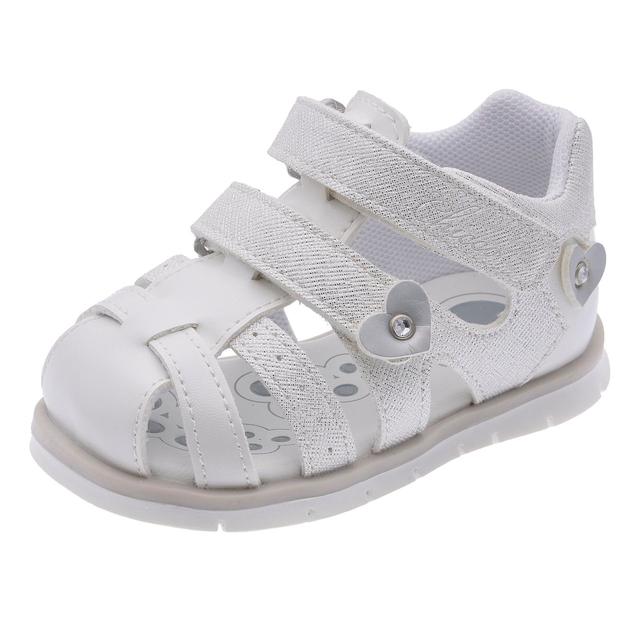 Sandalo Bambina Fiandra | Chicco Sandalo primi passi da bambina Chicco Fiandra bianco con cuori e strass, punta chiusa e doppio strappo regolabile. | Chicco