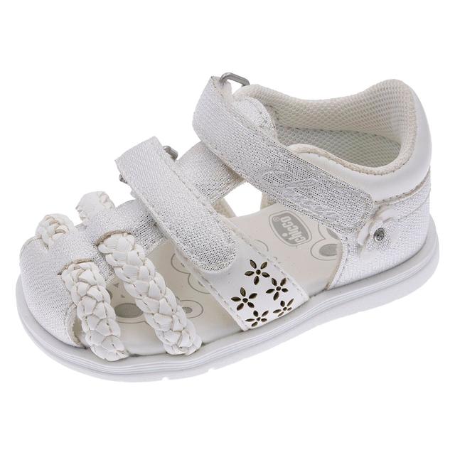 Sandalo Bambina Gegia | Chicco Sandalo primi passi da bambina Chicco Gegia bianco a punta chiusa con fasce intrecciate e dettagli floreali, doppio strappo e suola Flex-zone. | Chicco