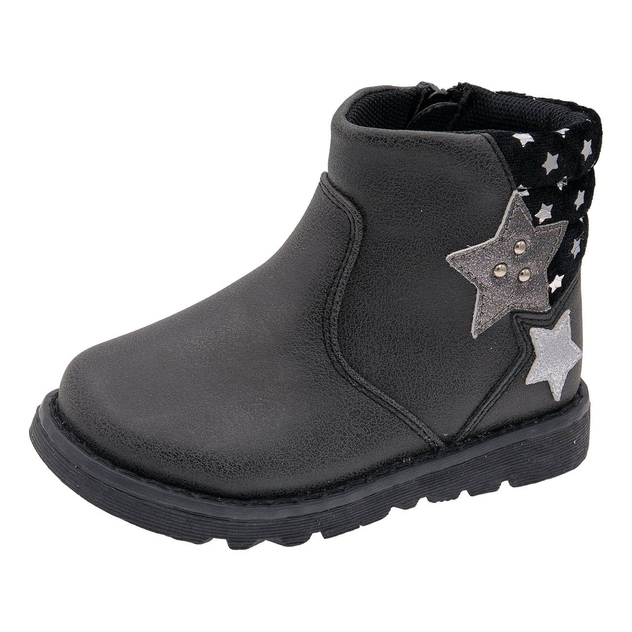 Stivaletto Bambina Flaudia | Chicco Stivaletto nero da bambina Chicco modello Flaudia con stelle glitterate, borchie e dettaglio in velluto con stampa stelle argento sul retro. | Chicco