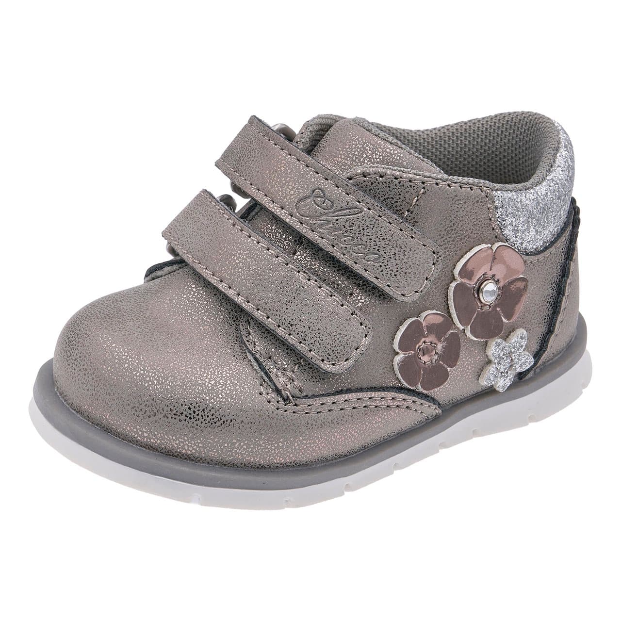 Polacchino Bambina Fenice | Chicco Polacchino primi passi da bambina Chicco linea Fenice in laminato color acciaio con decorazioni floreali, punta arrotondata e doppio strappo regolabile. | Chicco