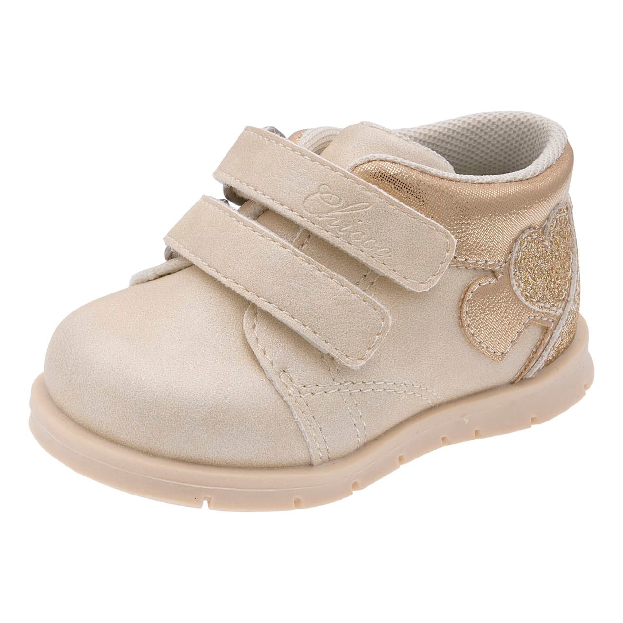 Polacchino Bambina Fedia | Chicco Polacchino primi passi Chicco Fedia beige da bambina con applicazione a cuore glitterato, punta arrotondata e doppia chiusura a strappo. | Chicco
