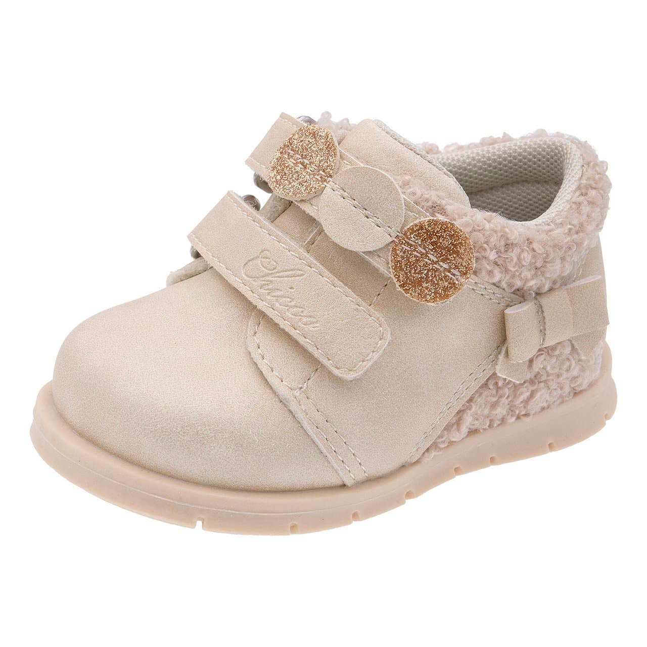 Polacchino Bambina Fatima | Chicco Polacchino primi passi Chicco Fatima beige per bambina, con inserti in pelliccia, dettagli glitter e pois, chiusura a doppio strappo e suola flessibile. | Chicco