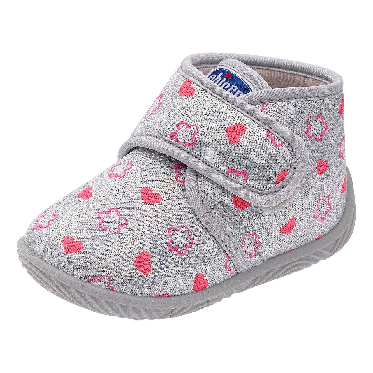 Pantofola Bambina Timbal | Chicco Pantofola bambina Chicco Timbal argento con stampa fiori e cuori, punta arrotondata, chiusura a strappo e suola Flex-Zone per la mobilità del piede. | Chicco
