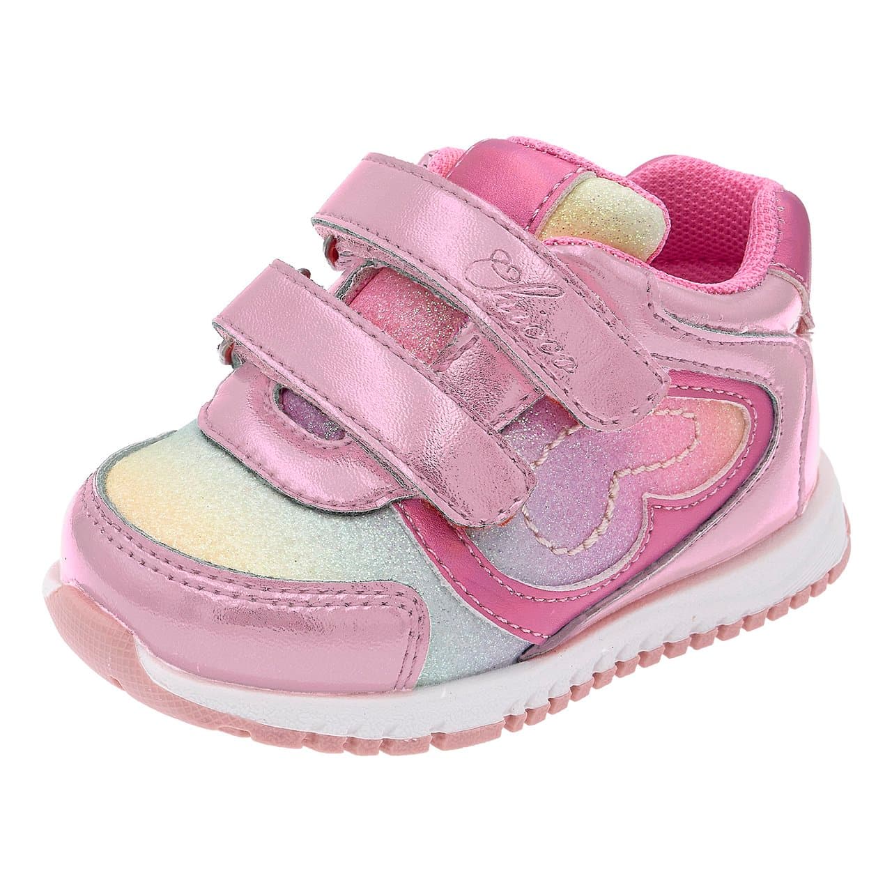 Sneakers Bambina Golosa | Chicco Sneakers bambina Chicco Golosa rosa in materiale laminato con glitter multicolore e cuori, chiusura a doppio strappo e suola flessibile. | Chicco