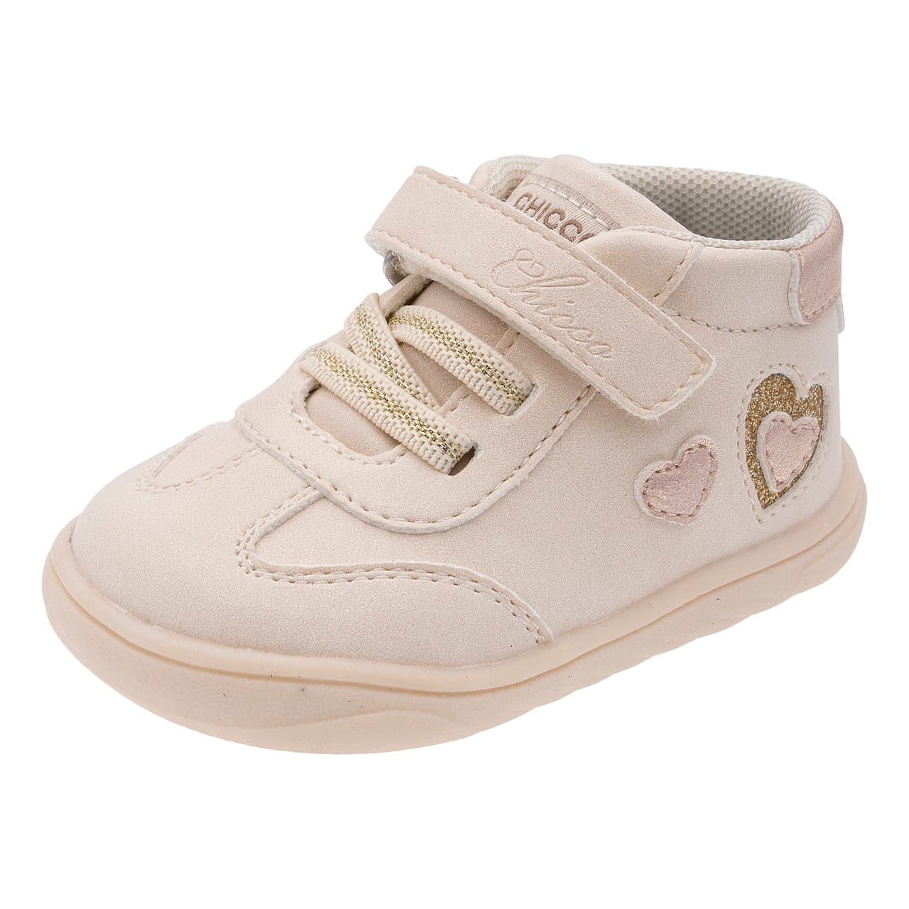 Polacchino Bambina Genietta | Chicco Polacchino barefoot bambina Chicco Genietta beige con cuoricini glitter, punta ampia e chiusura con strappo e lacci elastici. | Chicco