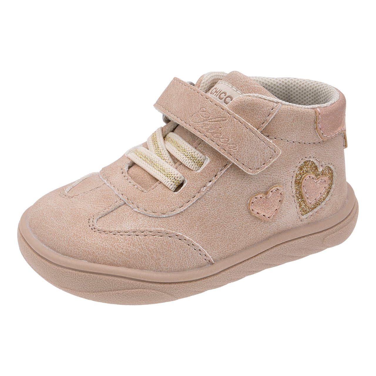 Polacchino Bambina Genietta | Chicco Polacchino barefoot bambina Chicco Genietta beige con cuoricini glitter, punta ampia e chiusura con strappo e lacci elastici. | Chicco