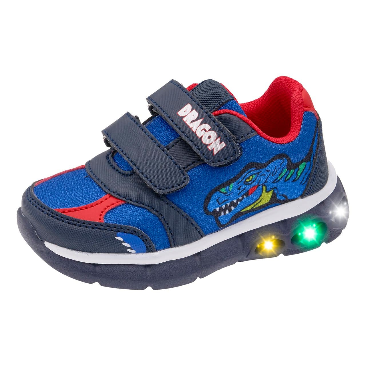 Sneakers Bambino Cronos | Chicco Sneakers bambino unisex Chicco Cronos blu con chiusura a strappo, inserti in tessuto tecnico e stampa dinosauro, suola leggera con Flex-Zone e LED nel tallone. | Chicco