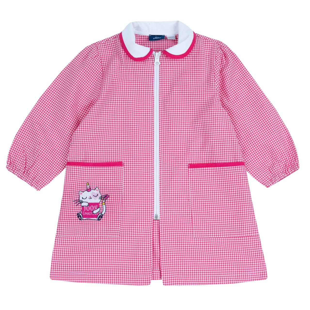 Grembiule Asilo | Chicco Grembiule asilo Chicco bianco in tessuto vichy tinto filo con ricamo sulla tasca, zip frontale e polsini elasticizzati, ideale per bambina. | Chicco