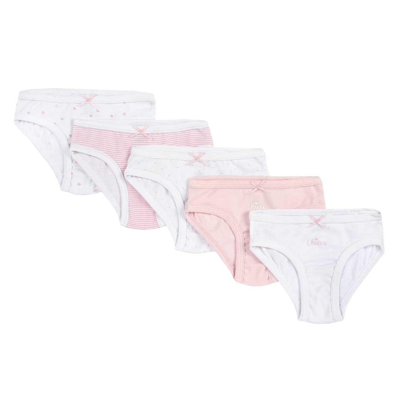 Set Mutandine Con Fiocchetto | Chicco Set di cinque mutandine da bambina Chicco in cotone a costine bianco, con fiocchetto decorativo e fantasie vivaci, certificate Oeko-Tex. | Chicco