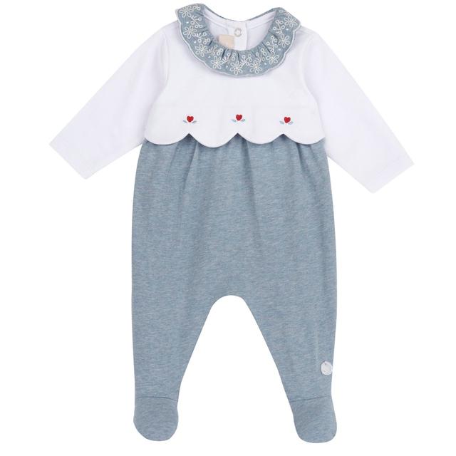 Tutina Aperta Dietro | Chicco Tutina azzurra Chicco per bambina in morbido jersey di cotone elasticizzato, con collo a corolla ricamato e stampa antiscivolo sui piedini. | Chicco