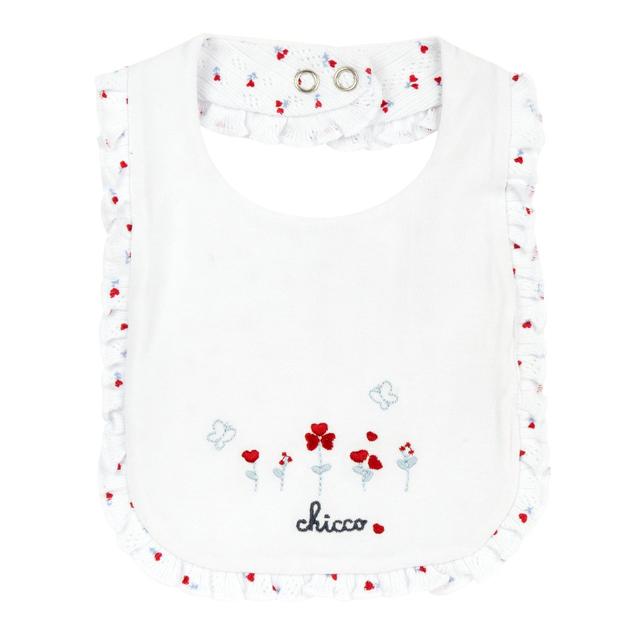 Bavaglino Con Ricamo | Chicco Bavaglino Chicco bianco in jersey di cotone elasticizzato per bambina, con ricamo floreale su fodera in costina jacquard e apertura regolabile. | Chicco
