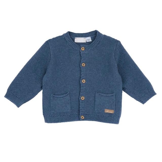 Cardigan In Maglia | Chicco Cardigan girocollo azzurro in maglia di cotone Chicco per bambino, con bottoni effetto legno e certificazione Oeko-Tex. | Chicco
