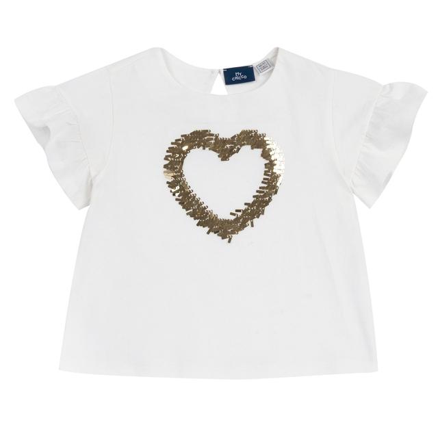 Maglietta Manica Corta Con Paillettes | Chicco Maglietta a manica corta bianca in cotone sostenibile per bambina con grafica a cuore e paillettes dorate, firmata Chicco. | Chicco