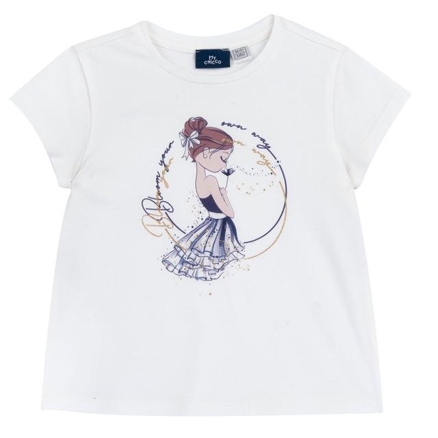 Maglietta Manica Corta Con Stampa | Chicco Maglietta a manica corta bianca Chicco per bambina con stampa glitterata, realizzata in cotone sostenibile certificato Oeko-Tex. | Chicco
