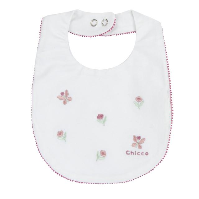 Bavaglino Con Ricamo | Chicco Bavaglino bianco in jersey di cotone elasticizzato per bambina con ricamo floreale e nastro decorativo, chiusura automatica regolabile, certificato Oeko-Tex. | Chicco
