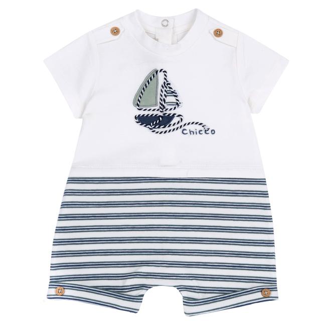 Pagliaccetto Corto | Chicco Pagliaccetto corto Chicco in jersey di cotone elasticizzato verde rigato tinto filo, con applicazioni decorative e ricami, ideale per neonati. | Chicco