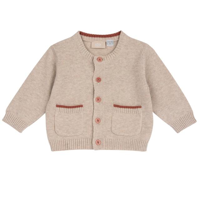 Cardigan In Maglia | Chicco Cardigan girocollo in maglia di cotone mélange bianco Chicco per bambino, con dettagli bordeaux e rinoceronte ricamato sul retro. | Chicco