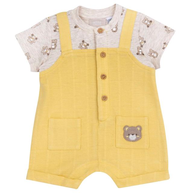 Pagliaccetto Corto Effetto Doppio Capo | Chicco Pagliaccetto corto giallo effetto doppio capo in morbido jersey di cotone elasticizzato e piquet misto cotone/viscosa di bambù, con ricamo orsetto e bottoni effetto legno. | Chicco