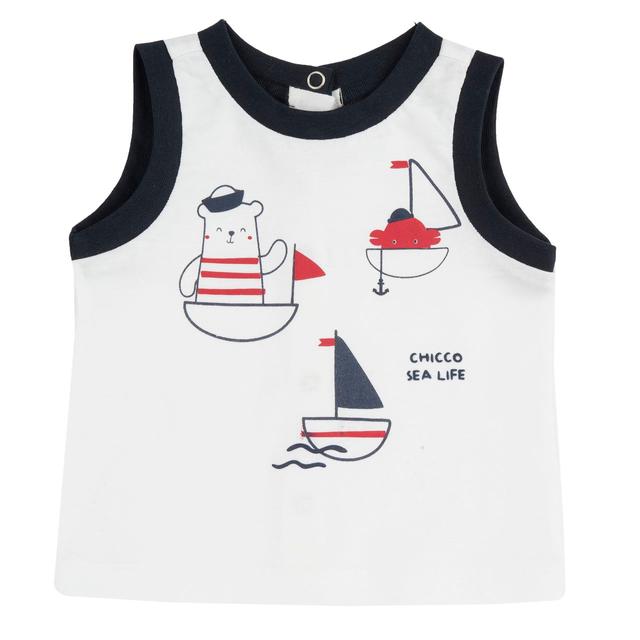 Canotta | Chicco Canotta mare bianca in jersey di cotone sostenibile per bambino Chicco con stampe marine e bordi a costina a contrasto. | Chicco
