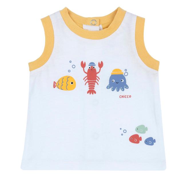 Canotta | Chicco Canotta mare bianca in jersey di cotone sostenibile per bambino Chicco con stampe di pesci e bottoni sul retro per taglie fino a 15 mesi. | Chicco