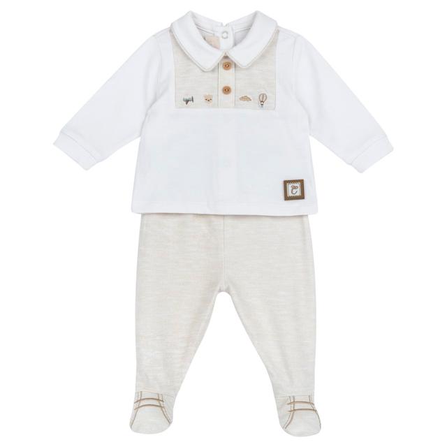Completo Maglia E Pantaloni Con Piedini | Chicco Completo Chicco bianco in morbido jersey di cotone elasticizzato per neonato, con piedini, dettagli ricamati e chiusura con bottoni automatici posteriori. | Chicco