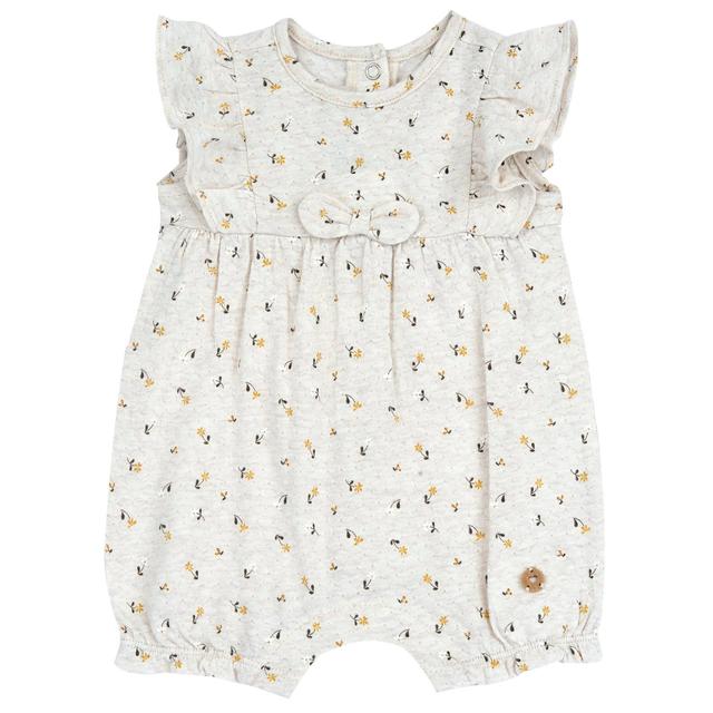 Pagliaccetto Corto | Chicco Pagliaccetto corto beige in morbido jersey jacquard di viscosa di bambù e cotone per bambina, con stampa a fiorellini e fiocchetto applicato. | Chicco