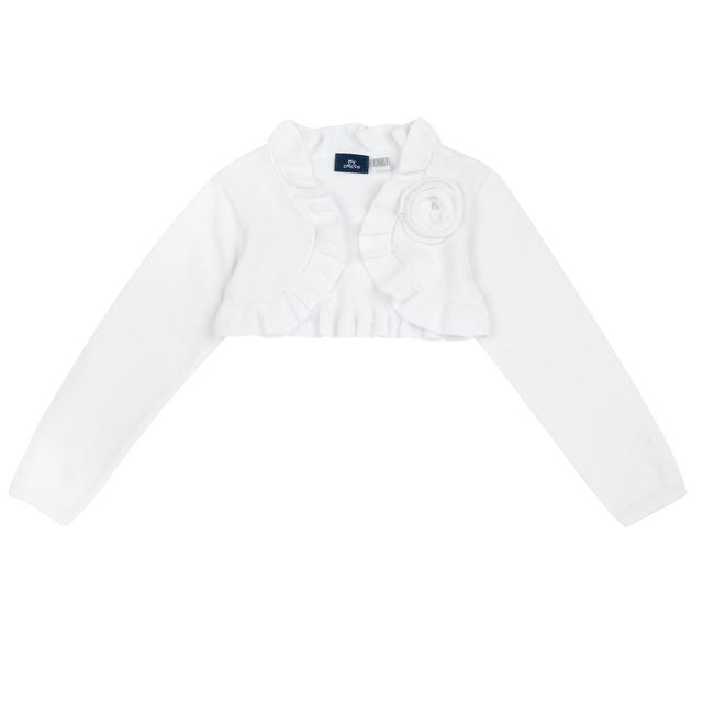 Cardigan Modello Scaldacuore | Chicco Cardigan scaldacuore Chicco bianco in 100% cotone per bambina, con fiore in maglia e strass, e rouche decorativa. | Chicco