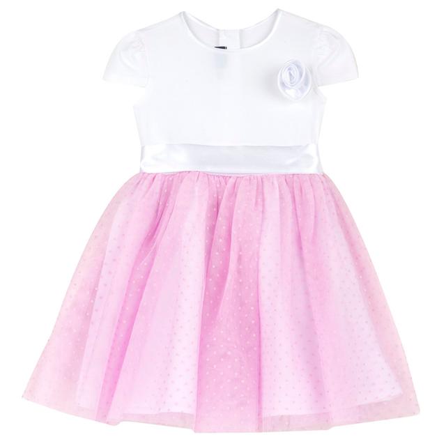 Vestito Manica Corta In Tulle | Chicco Vestito bianco Chicco a manica corta in tulle per bambina, con corpino in jersey, gonna a micropois, applicazione floreale e nastro in raso in vita. | Chicco